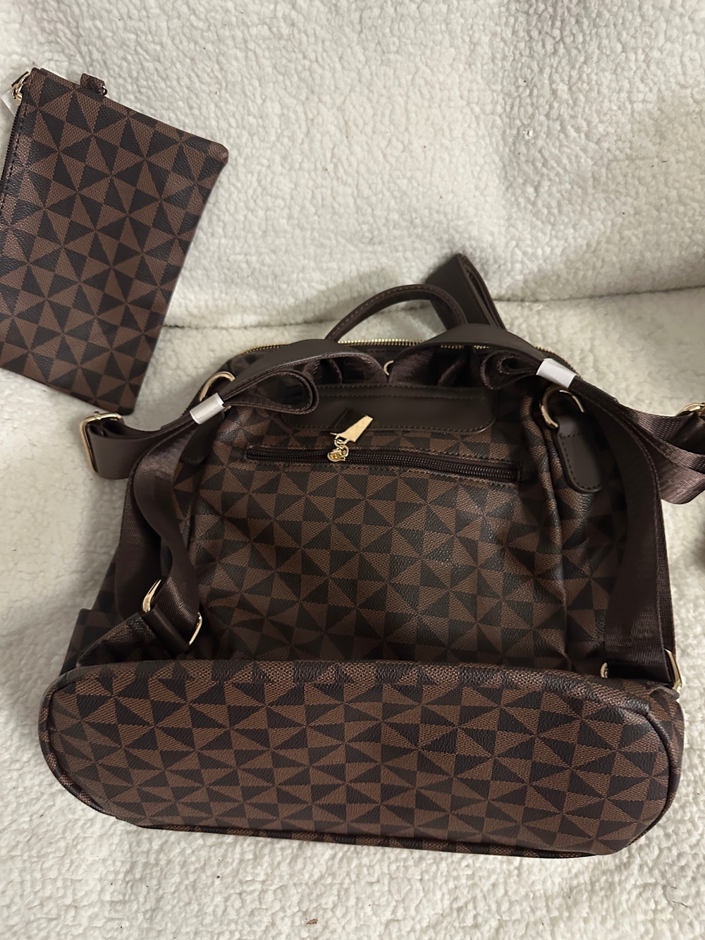 Brown Geometric Backpack with Wristlet - Picture 2 of 3